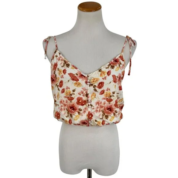 Abercrombie Flirty Romantic Floral Button Front Tie-Strap Feminine Crop Top Cami - Picture 9 of 13